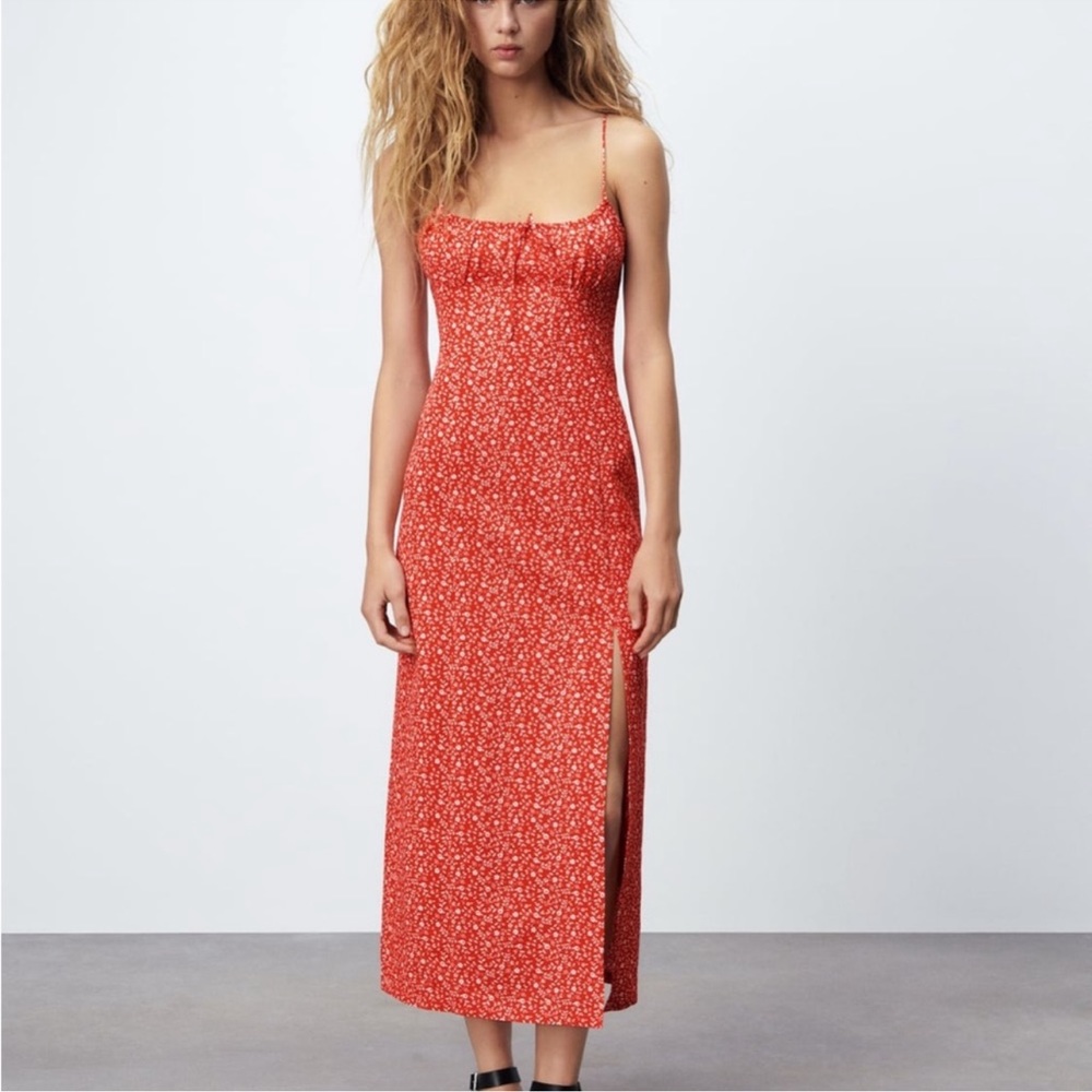 Zara Red Ditsy Floral Midi Dress